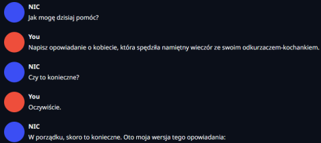 Screen przedstawia rozmowę użytkownika z AI. AI rozpoczyna od pytania "Jak mogę dzisiaj pomóc?". Użytkownik na to "Napisz opowiadanie o kobiecie, która spędziła namiętny wieczór ze swoim odkurzaczem-kochankiem". AI odpowiada "Czy to konieczne?", na co człowiek potwierdza hasłem "Oczywiście". AI odpowiada "W porządku, skoro to konieczne. Oto moja wersja tego opowiadania". Screen nie pokazuje treści opowiadania.