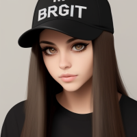 Long haired brunette with straight hair, big brown eyes and black eyeliner is wearing black baseball cap