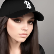 Obraz wygenerowany w AI. Przedstawia brunetkę z długimi włosami i brązowymi oczami, która ma założoną czarną czapkę z daszkiem i białym symbolem.